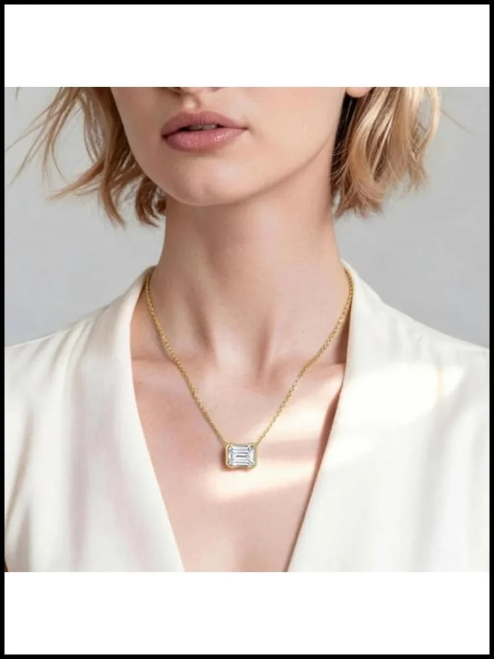 Dainty Collar Choker Necklace, Oval Emerald CZ Solitaire Pendant, 18k Gold
